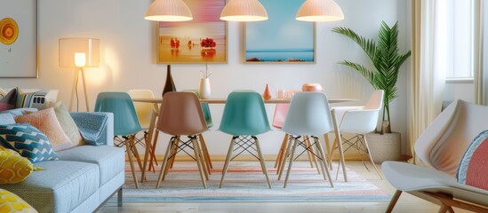 Colorful modern chairs surround the dining table in the living room, lit by pastel lamps, with pillows on the sofa and a poster on the wall.