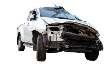 Front and side of white pickup car get damaged by accident on the road. damaged cars after...