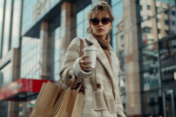 Fototapeta premium Woman shopping holding coffee cup and shopping bags