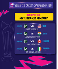 cricket match schedule template for pakistan in T20 World cup 2024 format - obrazy, fototapety, plakaty