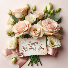 Bouquet of flowers with card written Happy Mother's Day on pink background. AI generated.