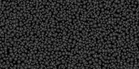 Black abstract background with seamless pattern of styrofoam balls. Opaque dark plastic bubbles. Vector illustration of polymer material
