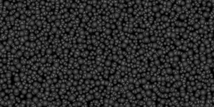 Black abstract background with seamless pattern of styrofoam balls. Opaque dark plastic bubbles. Vector illustration of polymer material