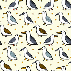 Seagull celestial bird minimalist artistic fashionable doodle boho modern vector seamless pattern