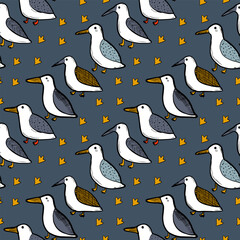 Seagull celestial bird minimalist artistic fashionable doodle boho modern vector seamless pattern