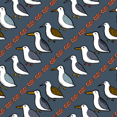 Obraz premium Seagull celestial bird minimalist artistic fashionable doodle boho modern vector seamless pattern