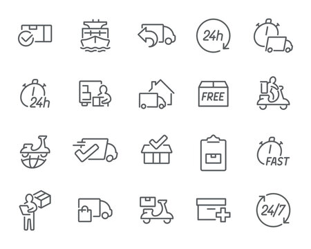 Set unique vector icons representing Delivery, Parcel, Courier in a simple linear style. The icons are editable, easy to use, and ready for integration into your project. Created by Inna. Pack 2