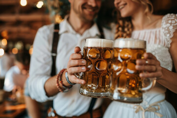 A young Bavarian couple at Oktoberfest, dressed in traditional attire, clutching large steins of beer