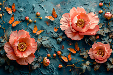 3D embossed painting, pink peonies and orange butterflies on blue background, 2 large flowers in the foreground with small leaves around them, painted in oil paints, elegant, saturated colors
