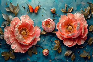 3D embossed painting, pink peonies and orange butterflies on blue background, 2 large flowers in the foreground with small leaves around them, painted in oil paints