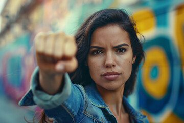 Empowered and assertive Latina woman. Advertisement for Hispanic Women's Day. We Can Do It. Striking image of the quintessential female empowerment fist