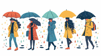 Autumn rainy weather. Hand drawn Four stylish people
