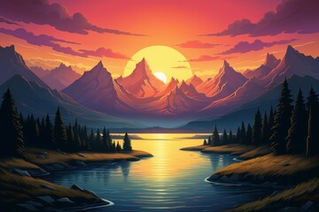 Atmospheric Mountains art sunset poster. Color water light. Generate Ai - obrazy, fototapety, plakaty