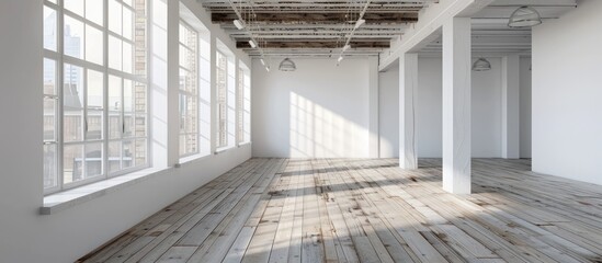 An empty loft room with white walls and a wooden floor.