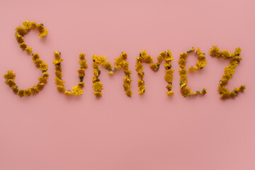 Summer. Word written with flowers on a pink background