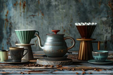 Fototapeta premium Global Brews A collection of coffee makers from around the world - a traditional Turkish pot, a Vietnamese phin