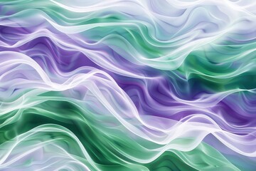 Abstract background of wavy lines of white and several shades of green and purple. Wavy lines of white and more shades of green and purple touch, flow and merge