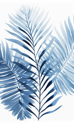 Tropical background - blue palm tree leaf pattern. Abstract Nature background. Pattern of blue palm leaves with  lines. Watercolor freehand drawing of leaves, branches. Luxury leaf .