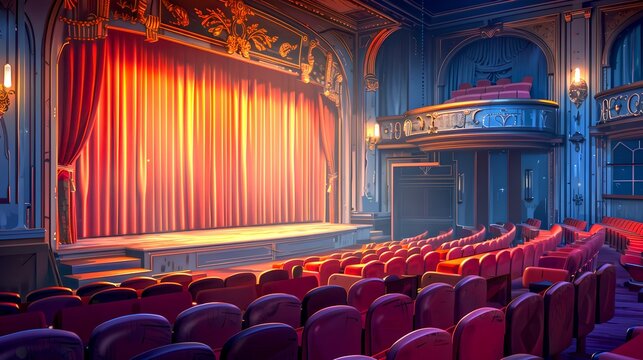 Elegant vintage theater interior with red seats and curtains. Empty stage ready for performance. Classic design for artistic events. AI