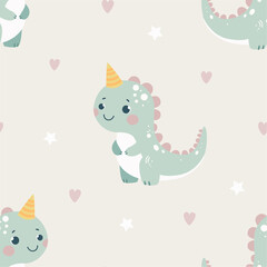 Seamless pattern with cute dinosaurs, hearts and stars on a colored background. Vector illustration for printing. Cute children's background.