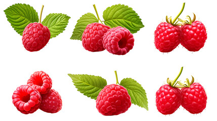 Vector set of realistic close up raspberries with green leaves isolated on white background