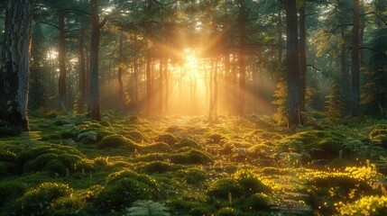 A secluded forest glade bathed in the golden light of sunset, casting long shadows across the moss-covered ground. The air is filled with the sweet scent of pine, while the distant call of a bird adds