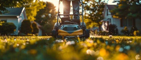 Lawn Care in Golden Hour: Mower in Action. Concept Lawn Care, Golden Hour, Mower in Action, Freshly Cut Grass, Outdoor Photography - obrazy, fototapety, plakaty