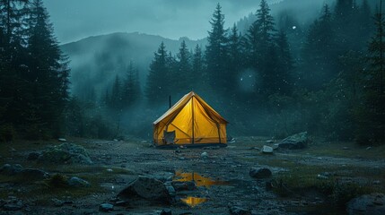 Night camping, light inside the tent, hyper detailed, ultra realistic - obrazy, fototapety, plakaty