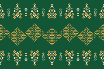 Traditional ethnic motifs ikat geometric fabric pattern cross stitch.Ikat embroidery Ethnic oriental Pixel green background. Abstract,vector,illustration. Texture,scarf,decoration,wallpaper.