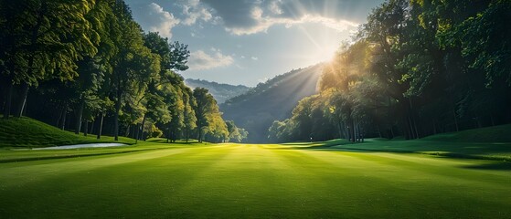Serene Golf Course Sunrise with Lush Greenery. Concept Nature, Golf Course, Sunrise, Lush Greenery, Serenity - obrazy, fototapety, plakaty