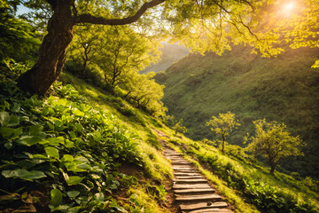 Downhill on stairs way in green highland forest. Travelling landscape. - 788345345