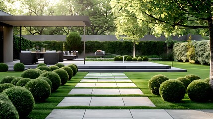 Elegant outdoor garden design with trimmed hedges and stone pathway. Modern landscaping in sunny weather, ideal for backgrounds or wall art. Perfect for lifestyle and gardening magazines. AI