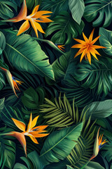 Vertical Pattern wallpaper of tropical dark green leaves of palm trees and flowers bird of paradise.
