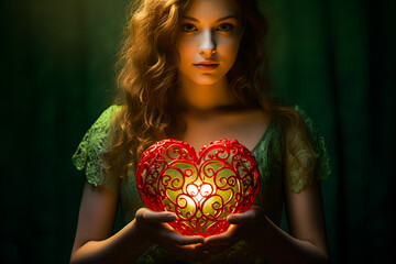 a woman holding a heart with the words love on it. valentines days concept. making love
