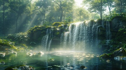 A secluded waterfall cascades down a moss-covered cliff, its waters plunging into a tranquil pool below. Sunlight filters through the trees, illuminating the mist rising from the cascade in a soft