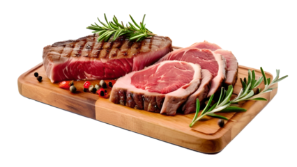 raw beef steak placed on a cutting board isolated on transparent background