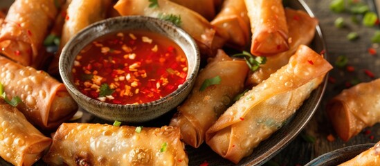 Chinese spring rolls that have been fried and served with a side of sweet chili sauce.