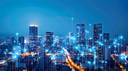 Fototapeta na wymiar Dazzling Metropolis Skyline at Captivating Night with Futuristic Digital Connections