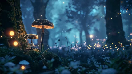 Fotobehang Enchanting bioluminescent forest at night with glowing mushrooms and fireflies © Matt