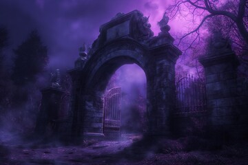 A creepy cemetery at night with a nebula and a Gothic-style cemetery gate with a mysterious moonlight