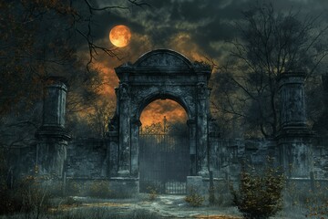 A creepy cemetery at night with a nebula and a Gothic-style cemetery gate with a mysterious moonlight - obrazy, fototapety, plakaty