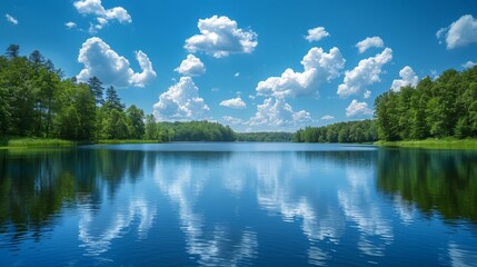 photography of a lake under a blue sky and clouds