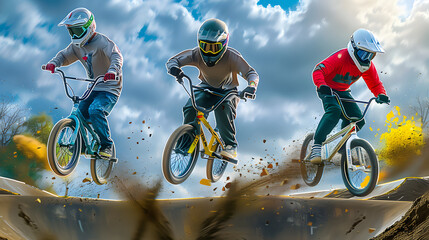BMX riders in action, soaring off a dirt ramp under a cloudy sky, showcasing skill and speed. Generative Ai.