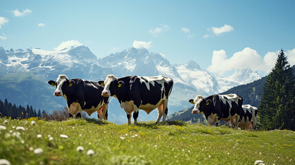 swiss cows are grazing in a flowery meadow, and pine trees at the swiss alps landscape - obrazy, fototapety, plakaty