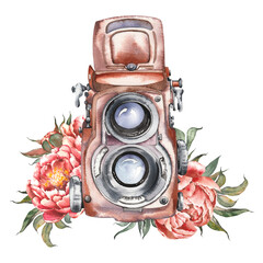 Old retro camera with pink peony flowers. Isolated watercolor clip art. Hand painted illustration.