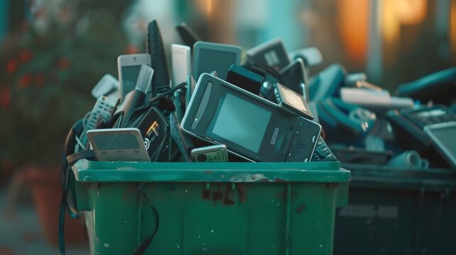 Electronic waste conceptual image. Heap of discarded gadgets in a bin. Recycling and environmental technology theme. Declutter and reuse message. AI
