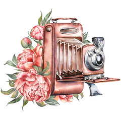 Old retro camera and peony flower arrangement. Isolated watercolor clip art. Hand painted illustration. - 788349577