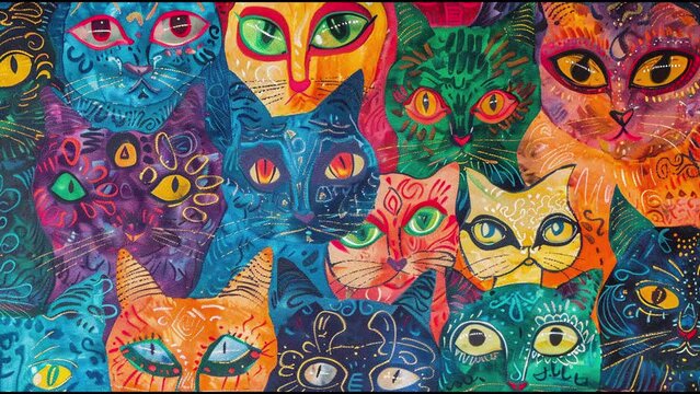 group of cartoon cats abstract digital color motion background
