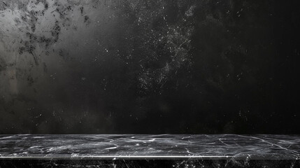 Empty table marble black countertop on black wall background. High-quality photo