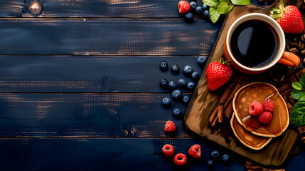 A sumptuous breakfast setup with pancakes, fresh berries, and a cup of black coffee on a dark wooden background.

